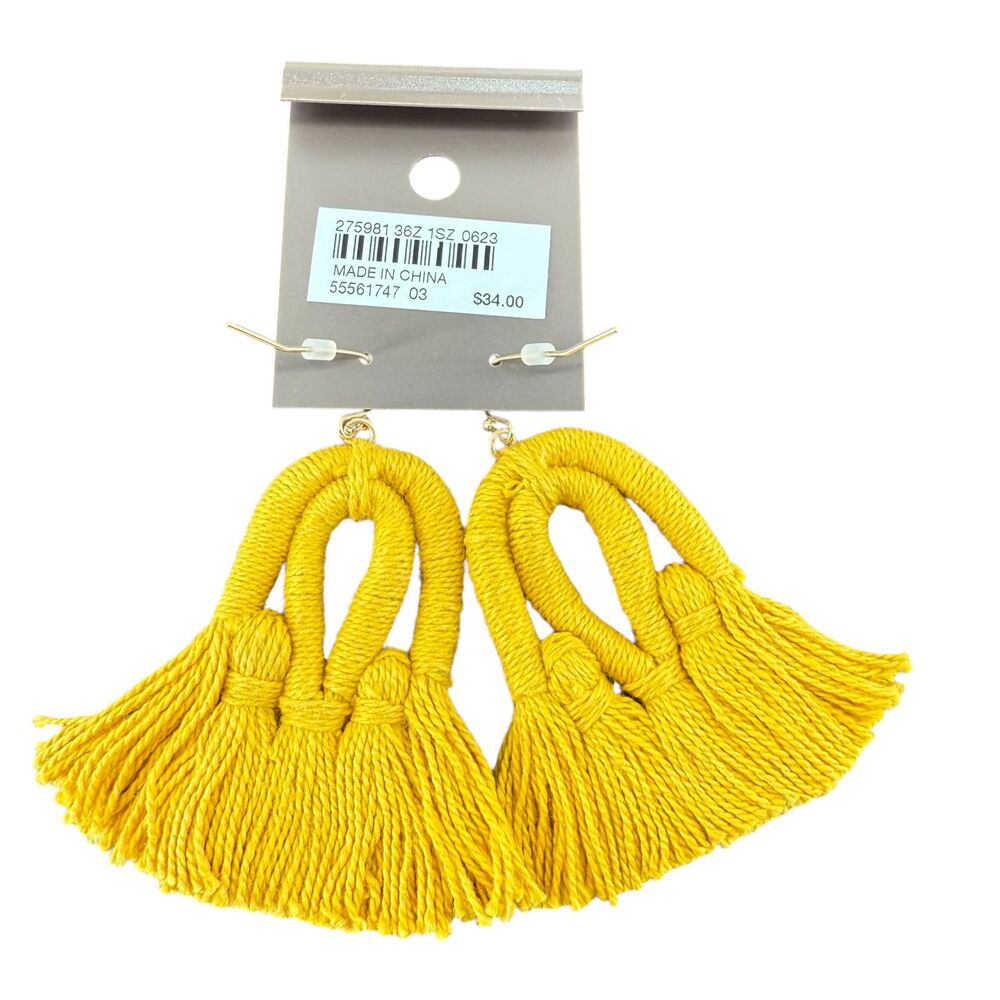 J. Jill Macrame Tassel Earrings Yellow Fringe Boho Statement Dangle Vacation NWT - Picture 7 of 13